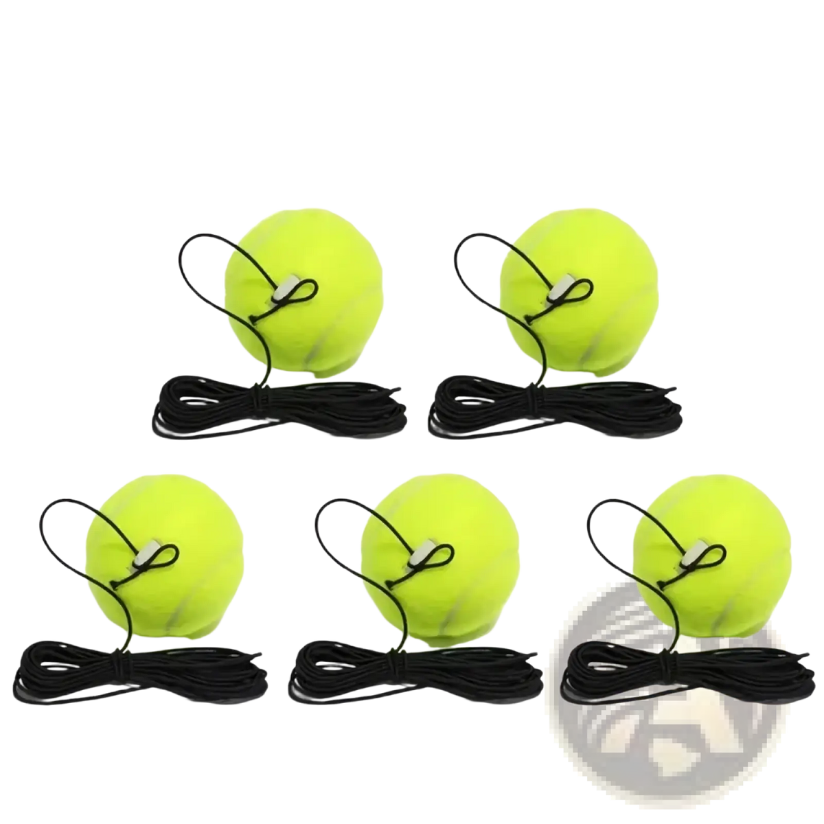 Five bright yellow tennis balls each attached to a black cord with a white clip in the Solo Tennis Trainer Rebound Ball Set