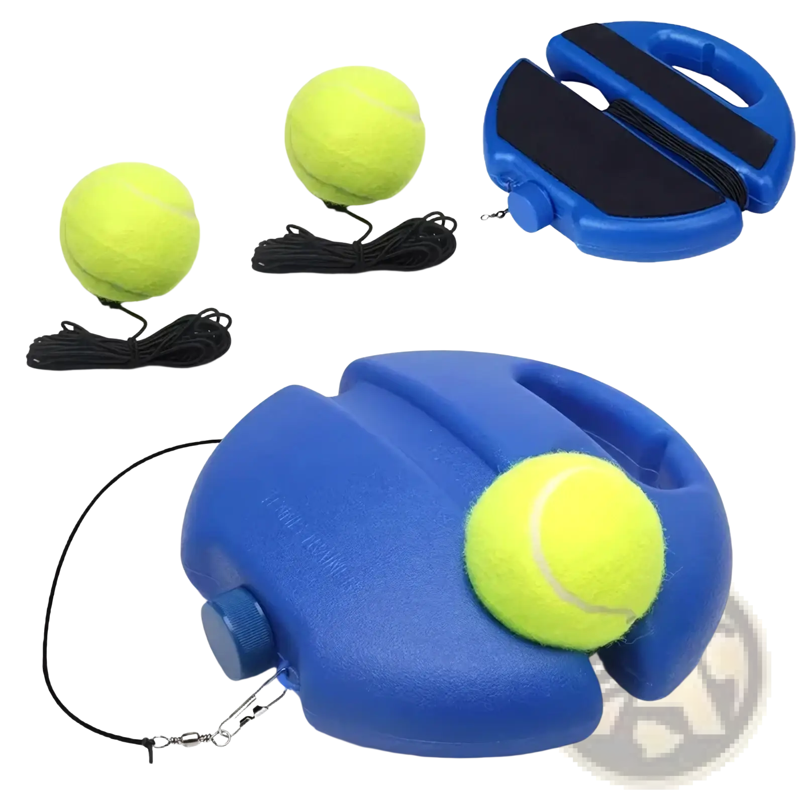Blue plastic Solo Tennis Trainer rebound ball set with a yellow tennis ball resting on its surface for training use