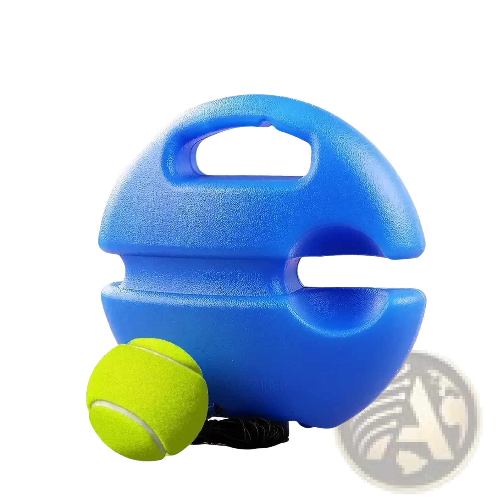 Blue plastic tennis ball launcher with handle and adjustable grip in the solo tennis trainer rebound ball set
