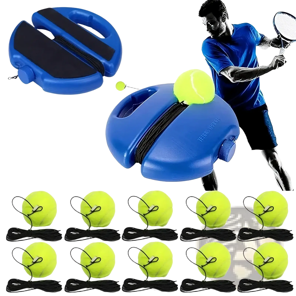 Blue plastic solo tennis trainer rebound ball set launcher with black rubber grips and coiled cord for practice