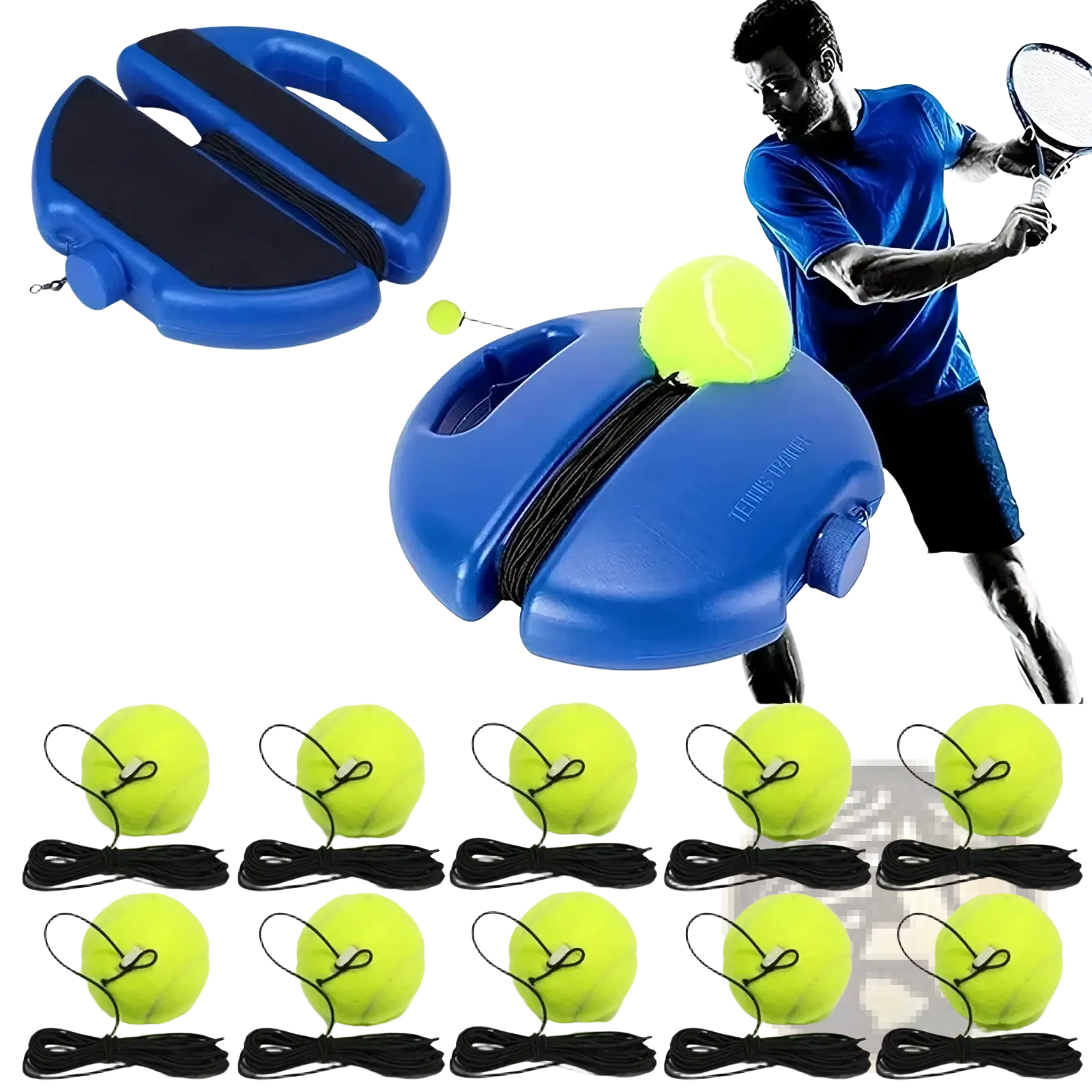 Blue plastic solo tennis trainer rebound ball set launcher with black rubber grips and coiled cord for practice