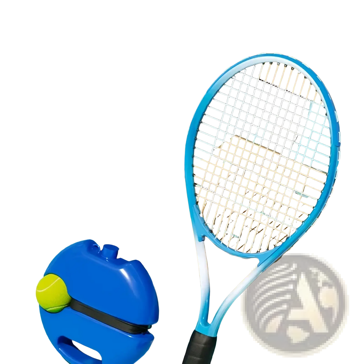 A bright blue solo tennis trainer rebound ball set with a white stringbed racket and yellow ball on a wooden bench