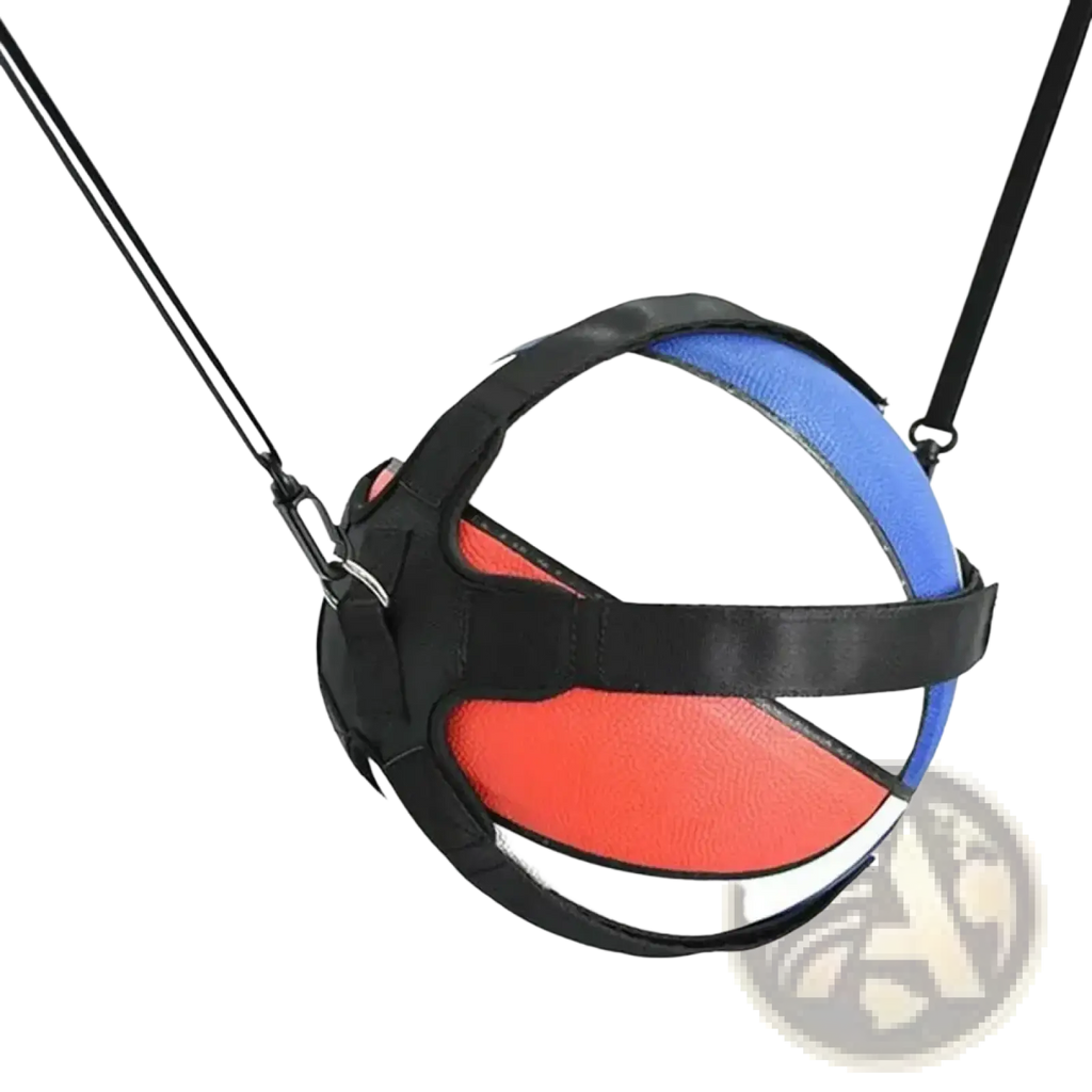 A basketball secured in a black adjustable elastic belt harness with two suspension straps for solo volleyball training aid