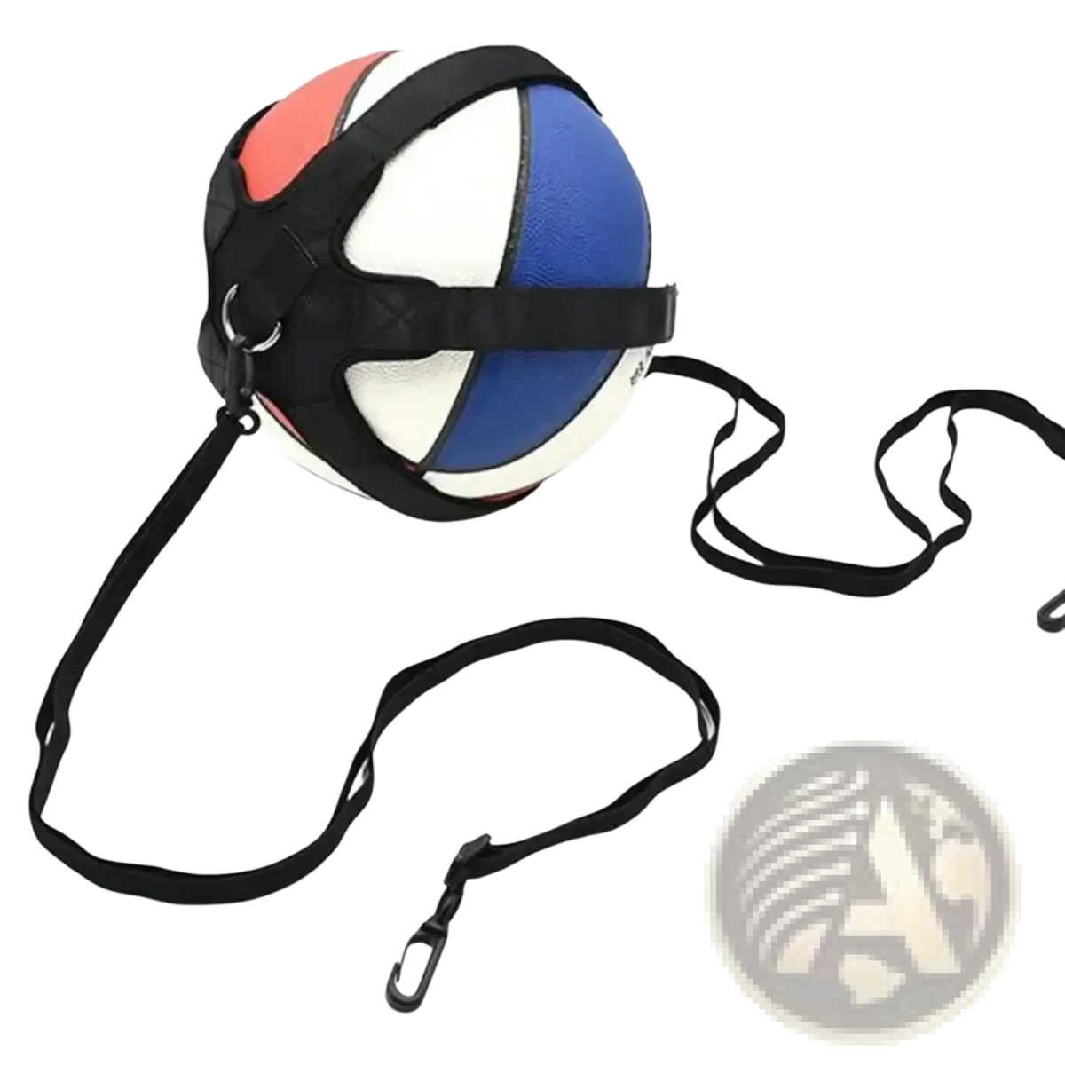 Black headband style solo volleyball training aid with adjustable elastic belt securing blue white and orange basketball