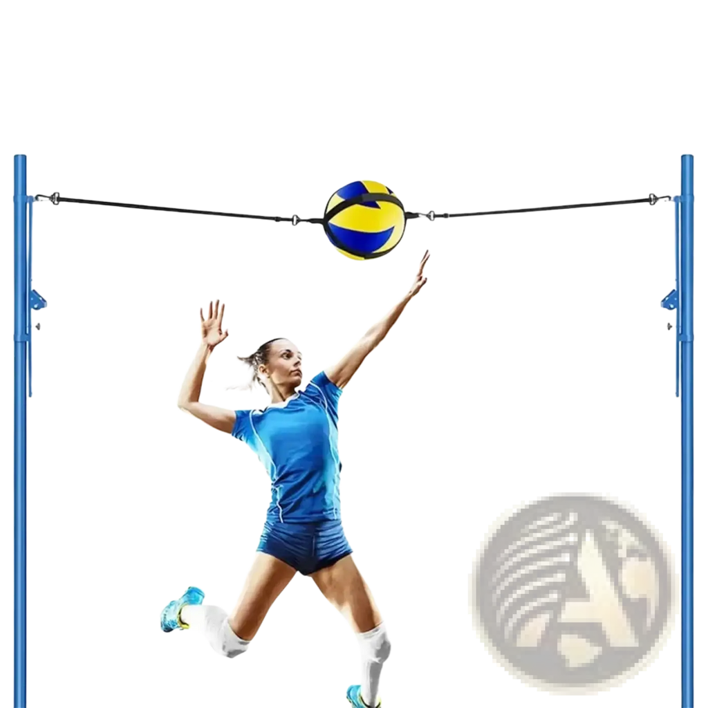 Blue and yellow solo volleyball training aid with adjustable black elastic belt suspended between two blue poles
