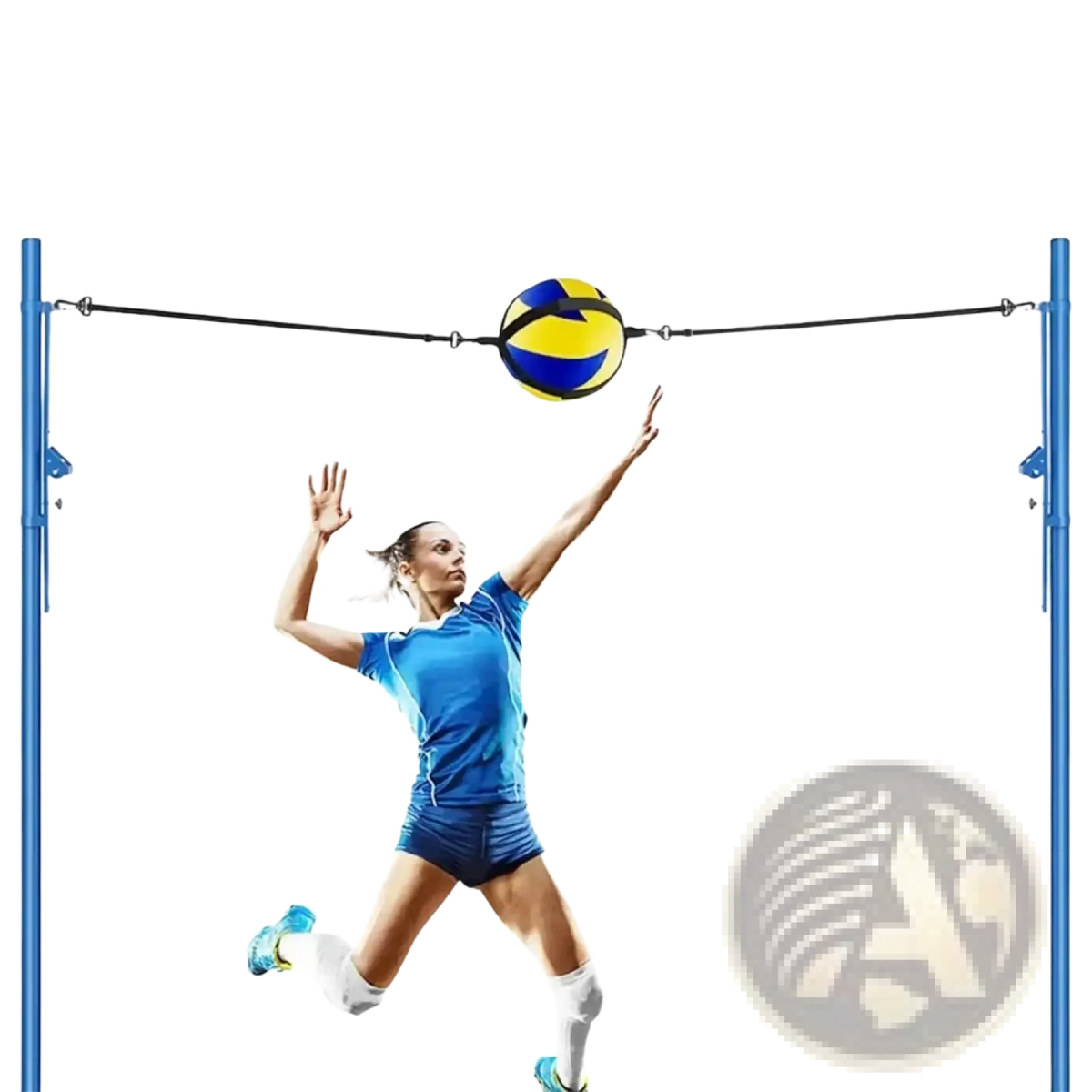 Blue and yellow solo volleyball training aid with adjustable black elastic belt suspended between two blue poles