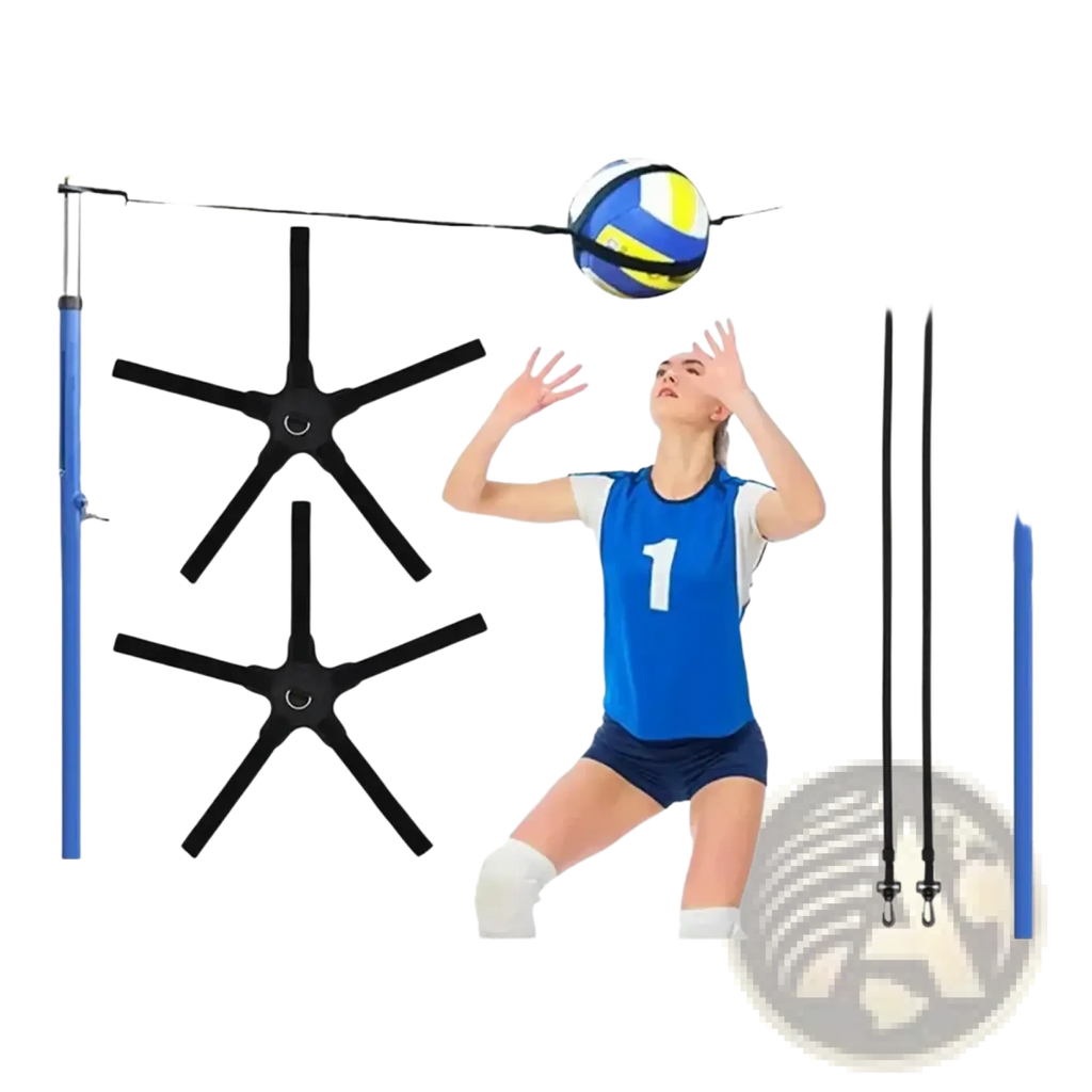 Blue and yellow volleyball suspended by adjustable black elastic belt between two blue poles for solo training aid