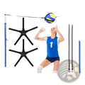Blue and yellow volleyball suspended by adjustable black elastic belt between two blue poles for solo training aid