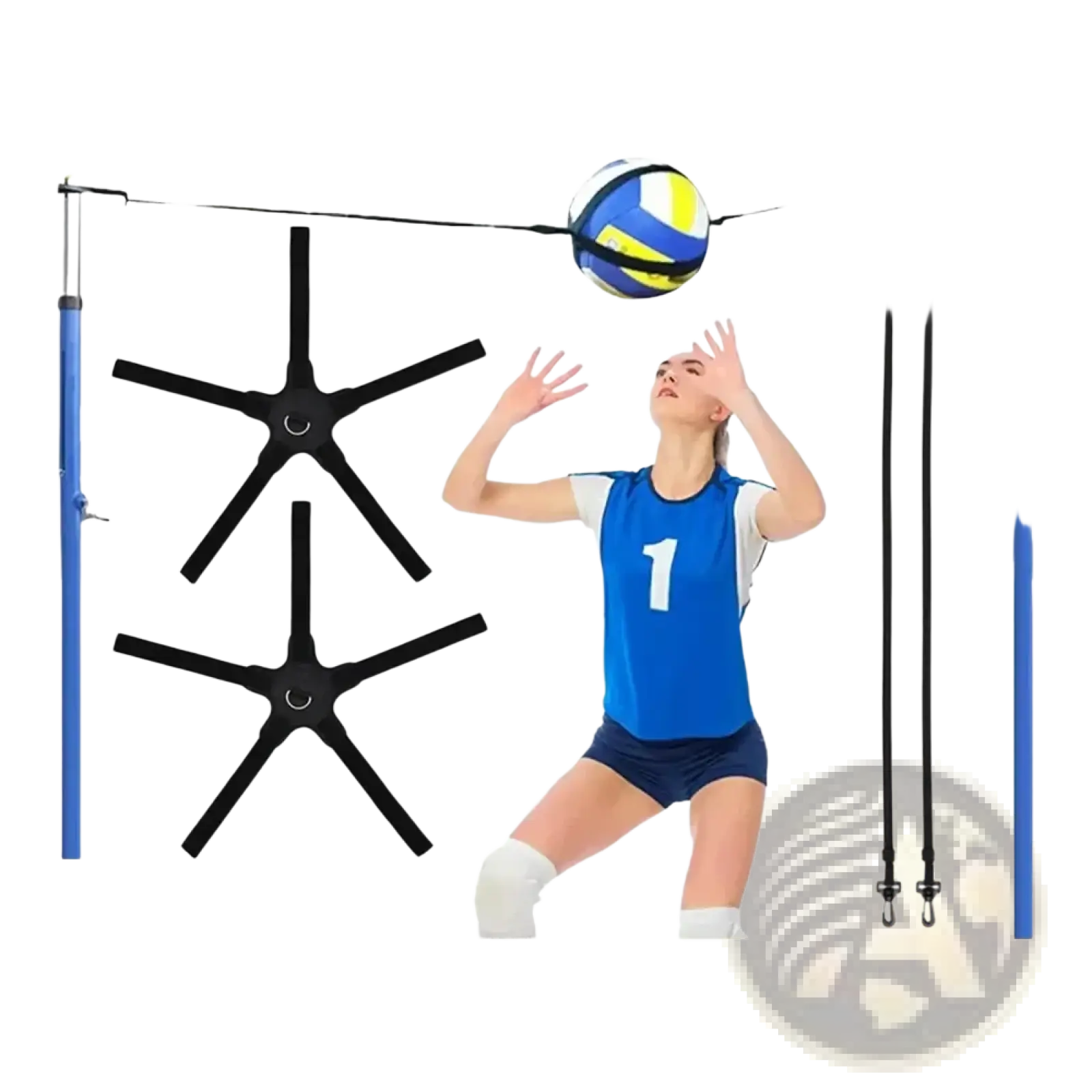 Blue and yellow volleyball suspended by adjustable black elastic belt between two blue poles for solo training aid