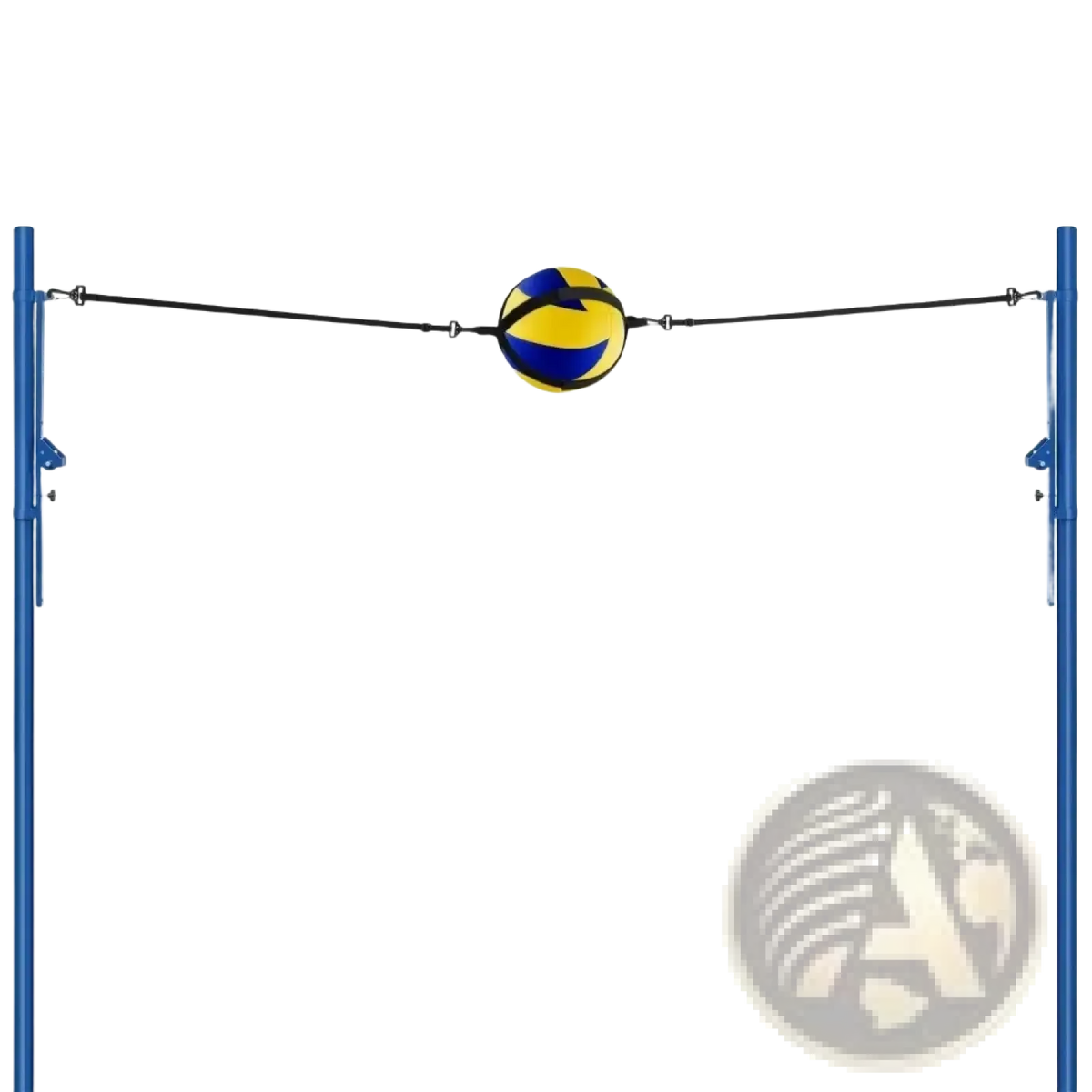 Yellow and blue volleyball suspended between blue poles by black adjustable elastic straps solo volleyball training aid
