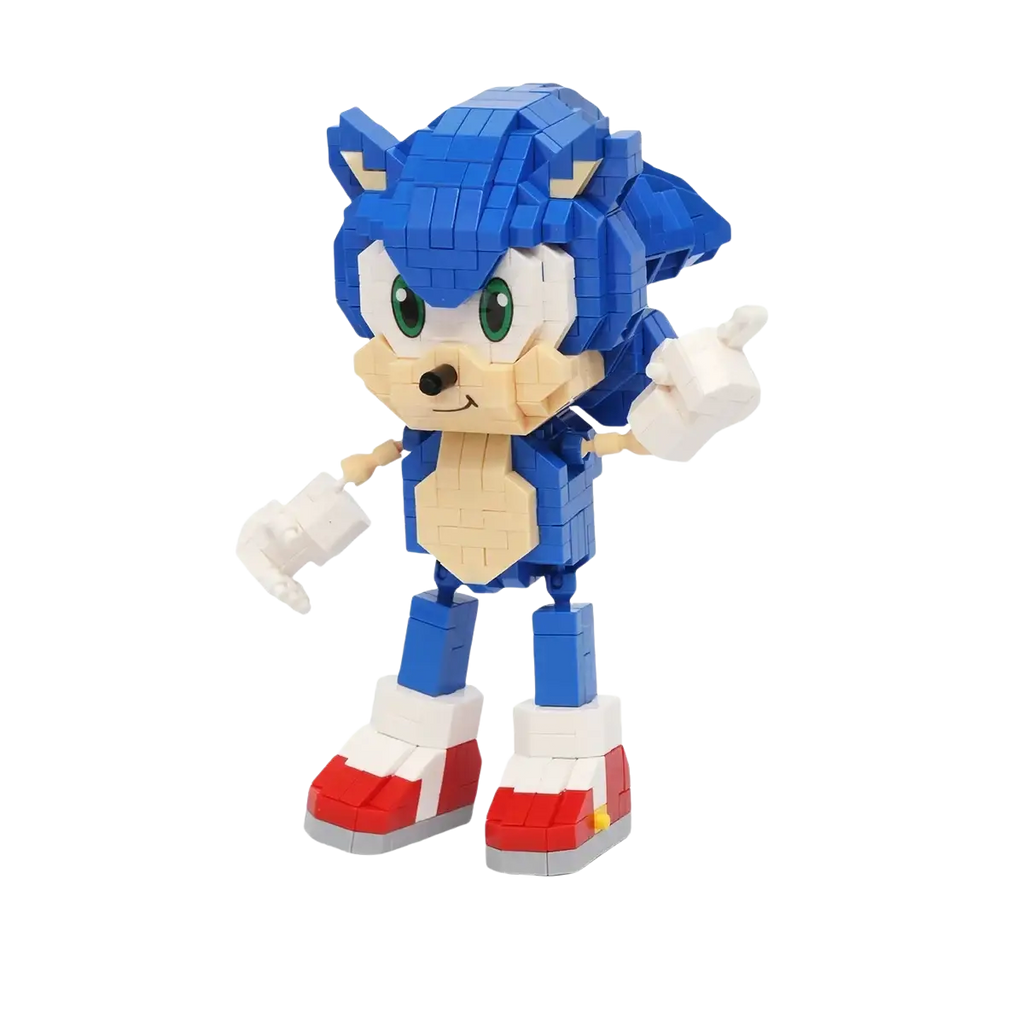 Blue and beige Sonic the Hedgehog figure with green eyes and red boots made from building block plastic bricks