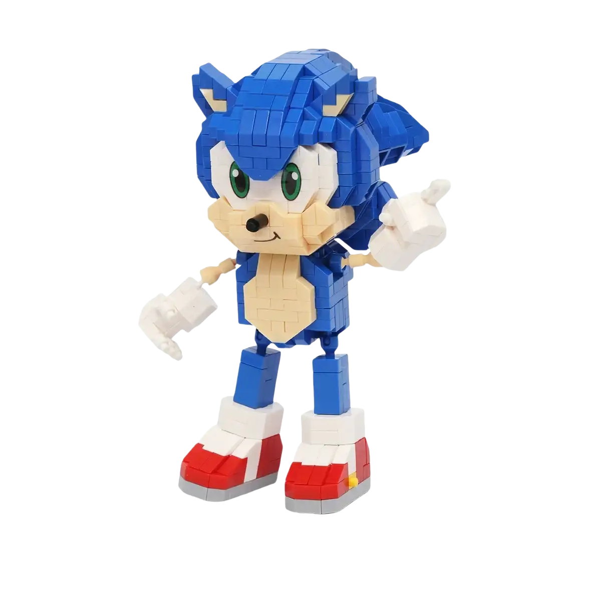 Blue and beige Sonic the Hedgehog figure with green eyes and red boots made from building block plastic bricks