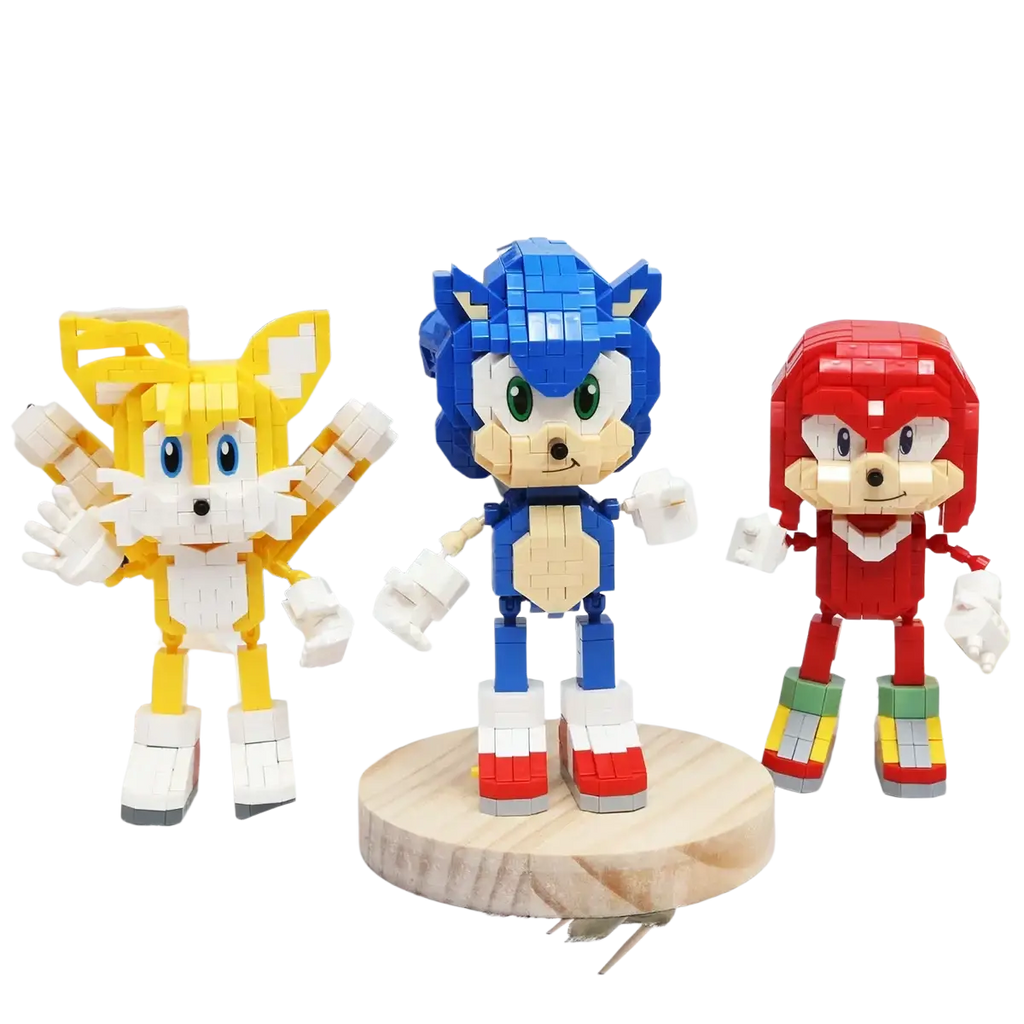 Blue sonic the hedgehog building block figure with green eyes and red shoes on wooden base from sonic building block figures set