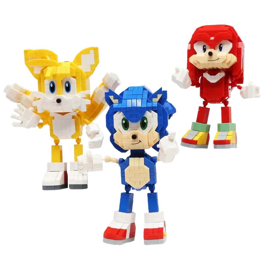 Blue and white sonic the hedgehog building block figure with green eyes red shoes and pixelated design