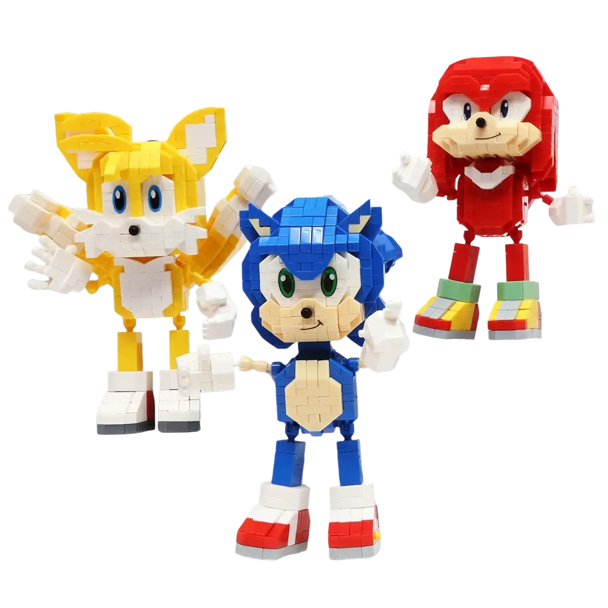 Blue and white sonic the hedgehog building block figure with green eyes red shoes and pixelated design