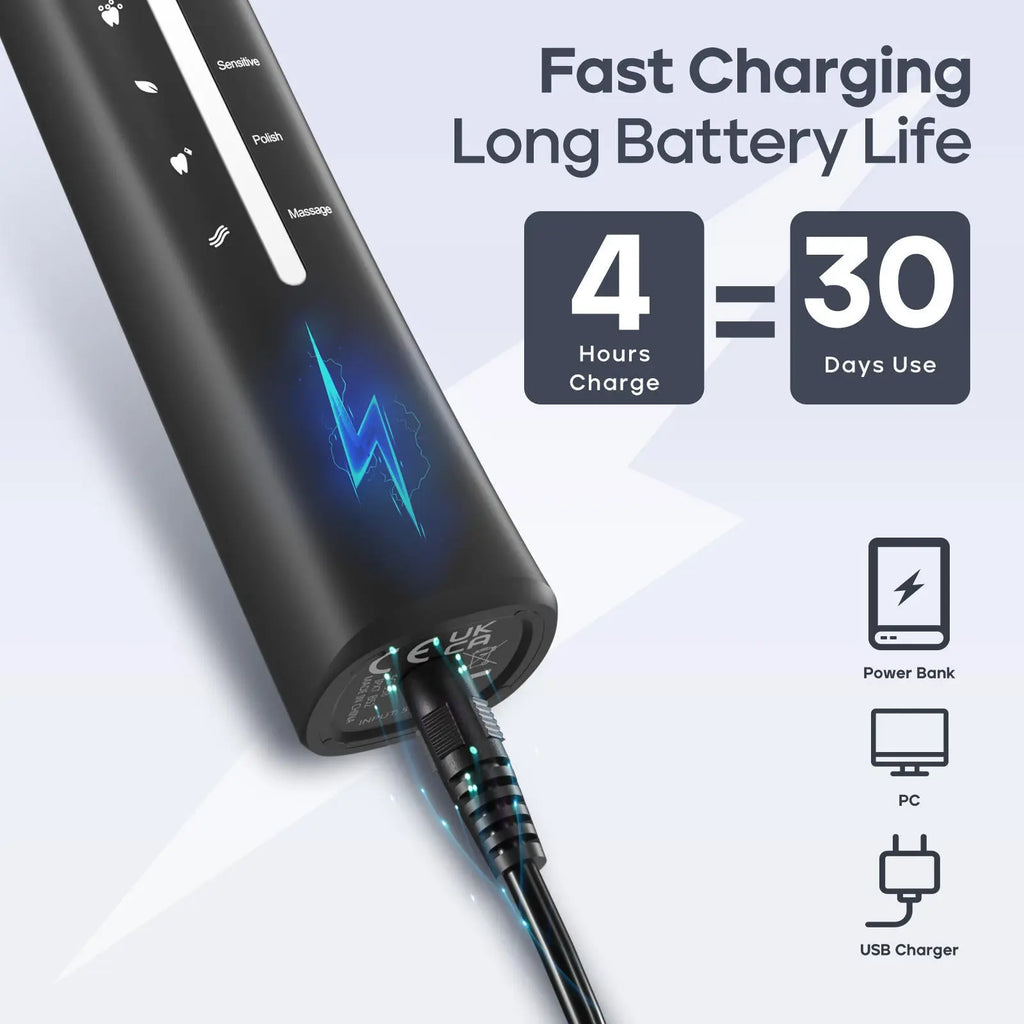 Black sonic electric toothbrush with ergonomic design and blue lightning bolt accent, featuring 5 modes and rechargeable battery