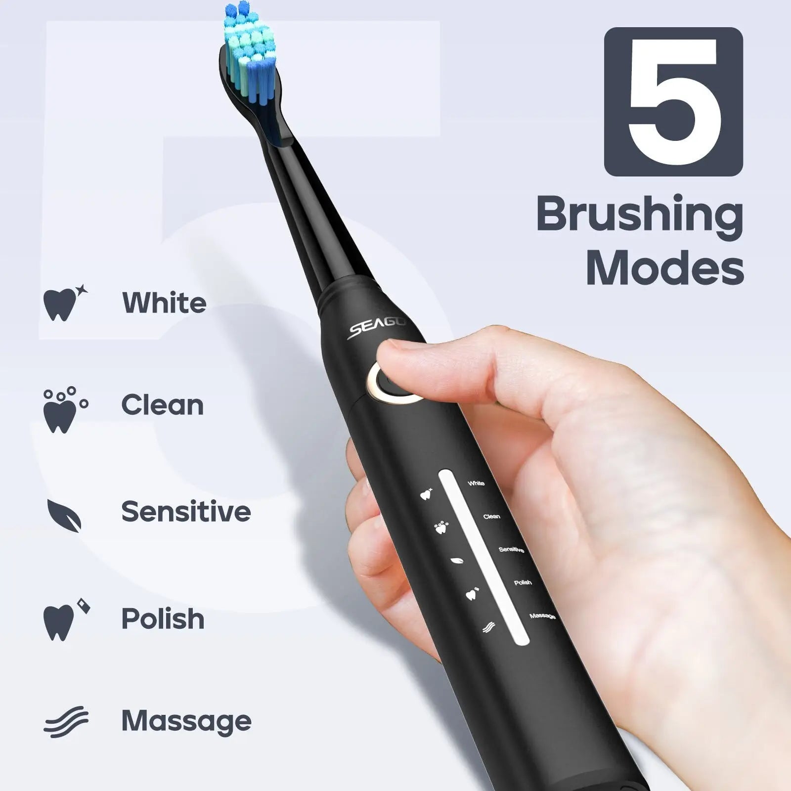 Black Seagull Sonic electric toothbrush with five modes rechargeable in black featuring blue and white bristles