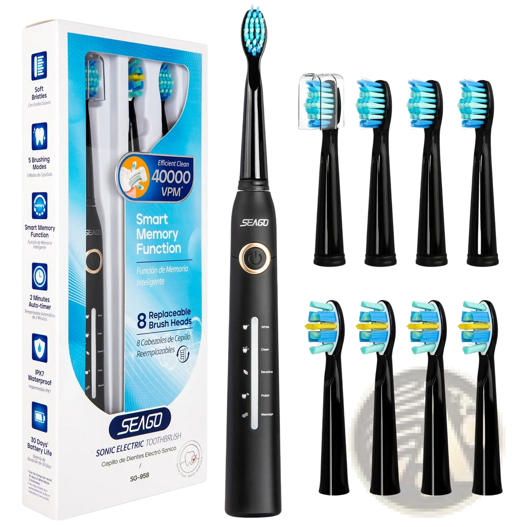 Black sonic electric toothbrush with blue and white bristles featuring sleek design and multiple brush head options