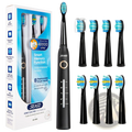Black sonic electric toothbrush with blue and white bristles featuring sleek design and multiple brush head options