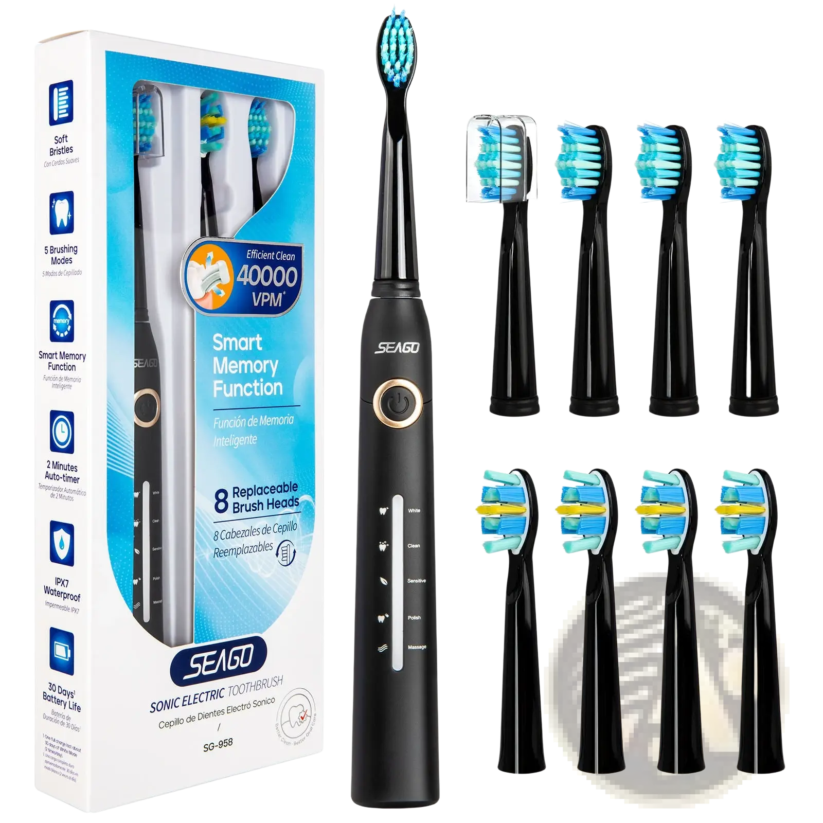 Black sonic electric toothbrush with blue and white bristles featuring sleek design and multiple brush head options