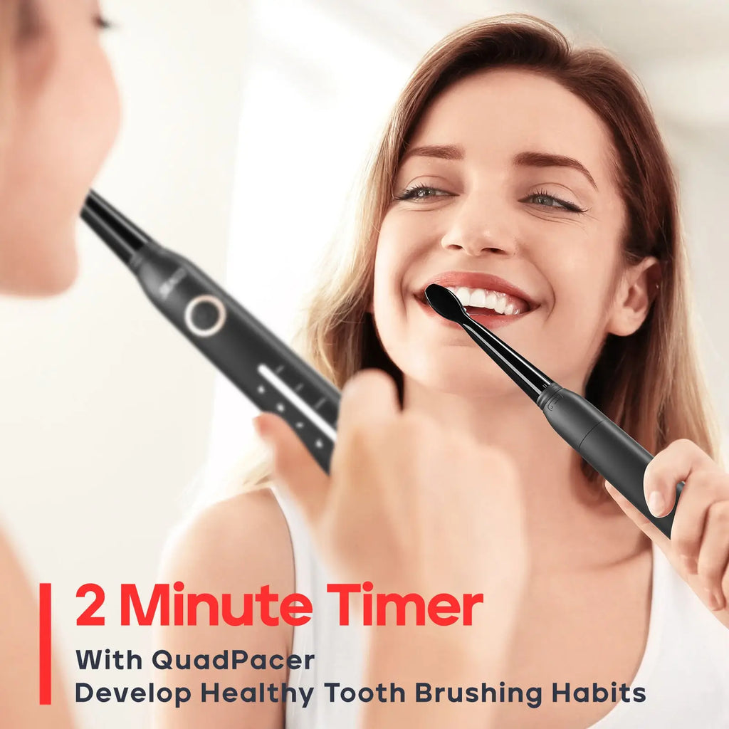 Black sonic electric toothbrush with sleek modern design 5 modes rechargeable and 2-minute timer feature