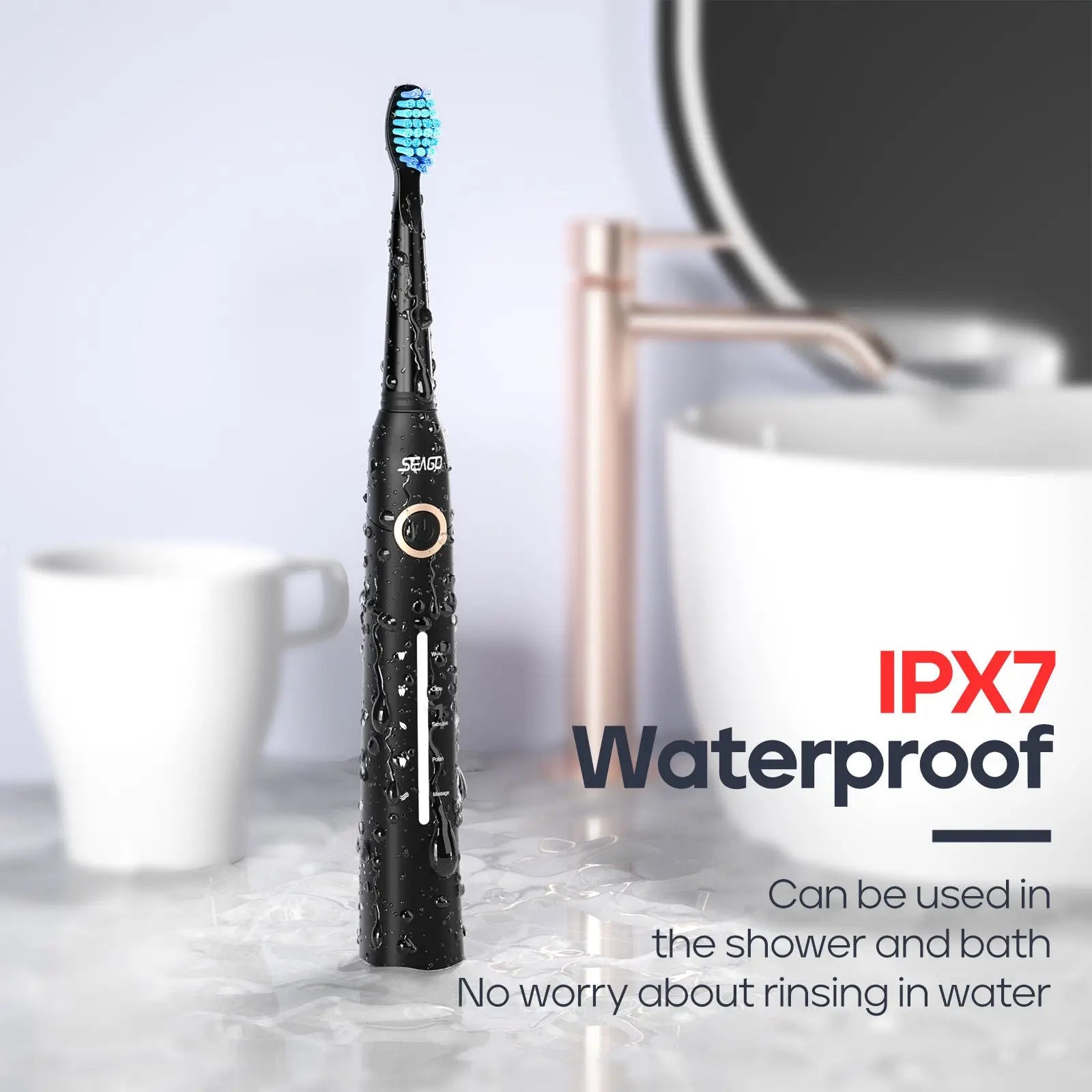 Black seago sonic electric toothbrush with blue bristles and water droplets rechargeable with 5 modes
