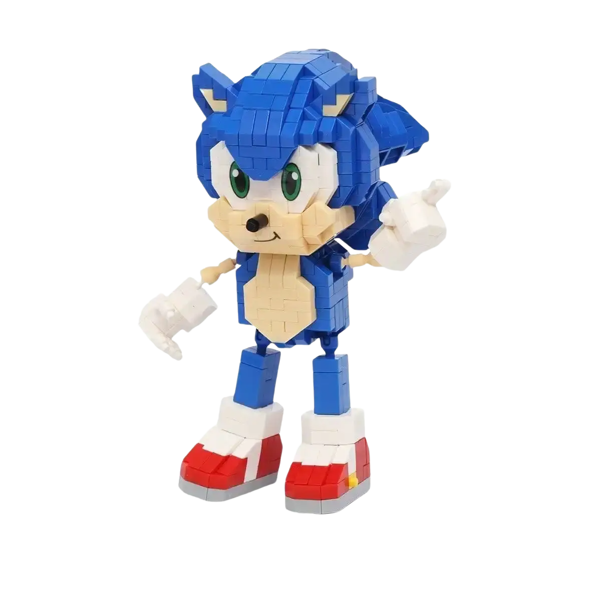 Sonic small building blocks pixel figure toy in blue and beige constructed from 685 interlocking plastic bricks with green eyes