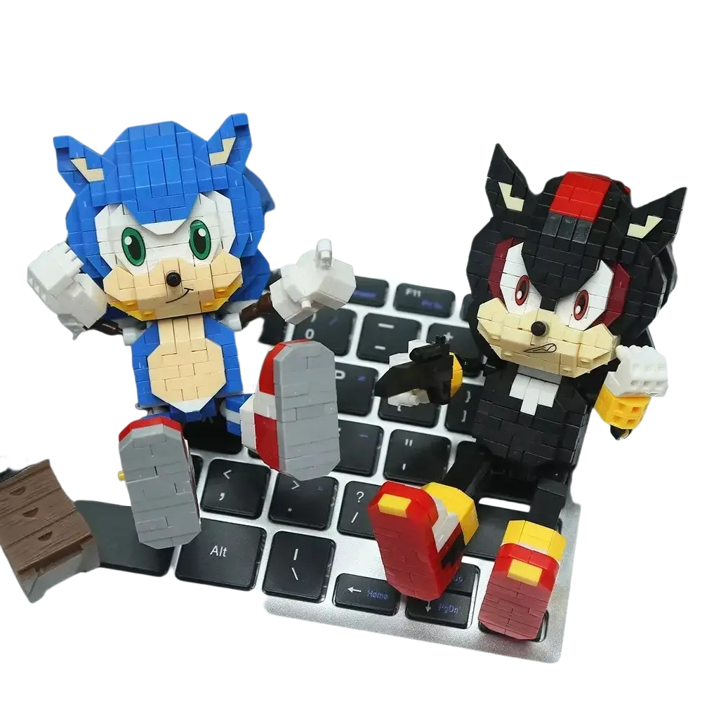 Blue and black sonic and shadow small building blocks figures with green eyes red shoe accents and detailed brick design