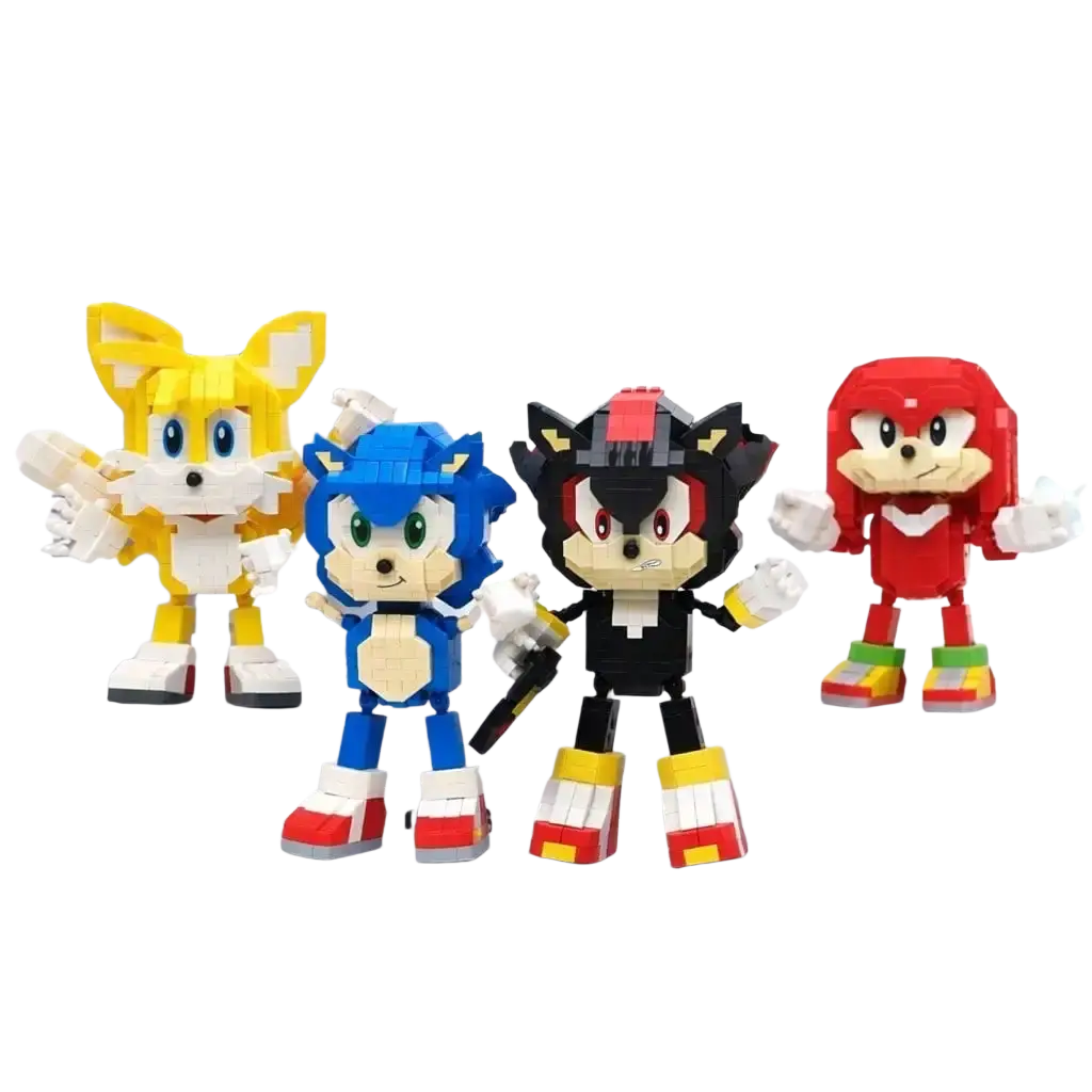 Four colorful sonic small building blocks figures in blue, red, black, and yellow displayed on white block size bases