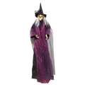 A 180cm tall sound activated halloween witch prop with purple velvet robe black hat and long white hair hanging ghost