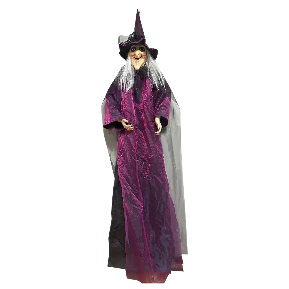 A 180cm tall sound activated halloween witch prop with purple velvet robe black hat and long white hair hanging ghost