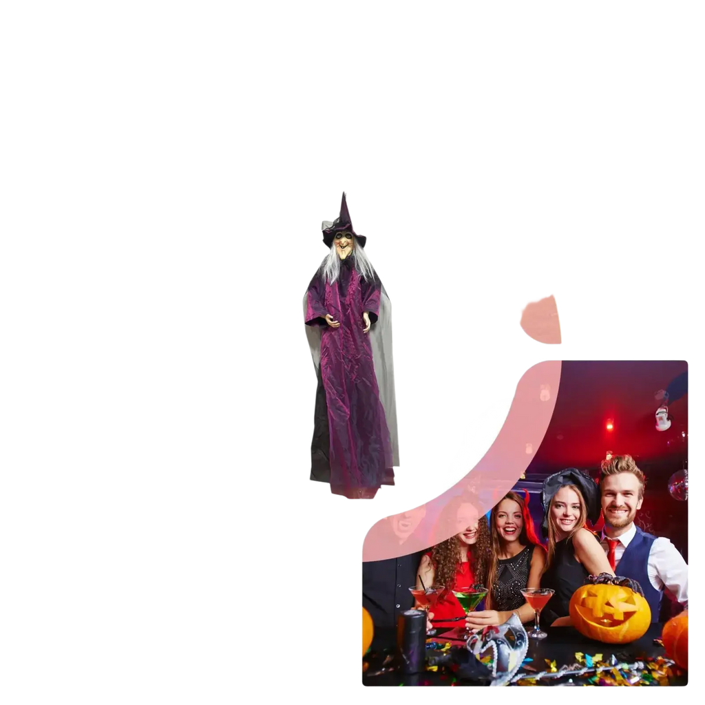 Sound activated halloween witch prop wearing a tall purple velvet costume with black pointed hat and silver cape hanging ghost