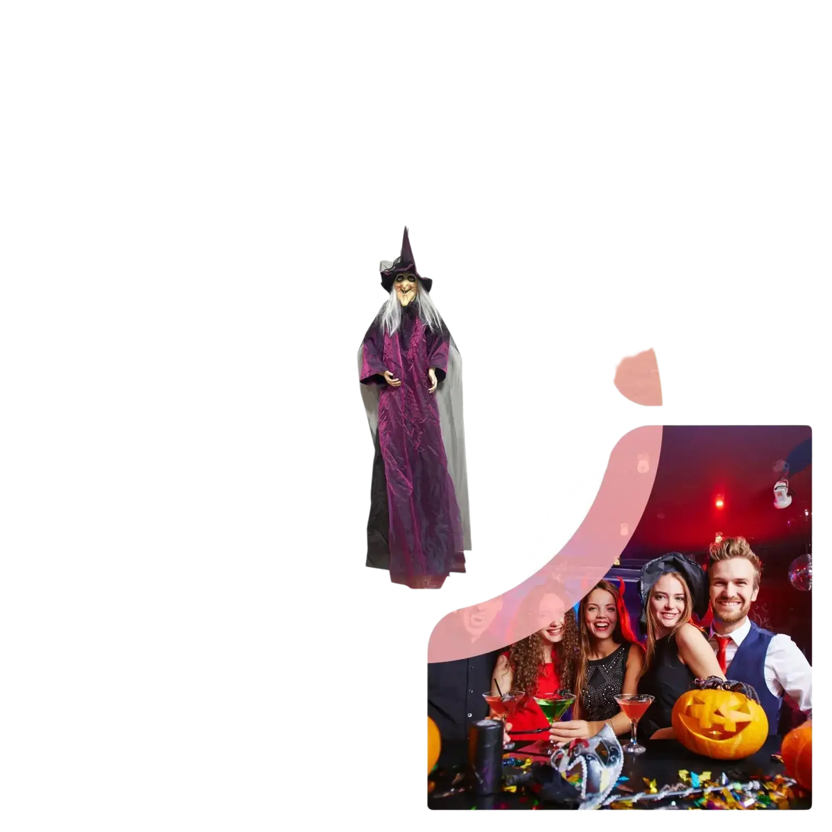 Sound activated halloween witch prop wearing a tall purple velvet costume with black pointed hat and silver cape hanging ghost