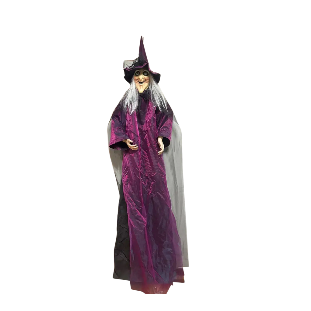A tall halloween witch prop with pointed black hat, silver hair, and purple robe, sound activated for festive decor