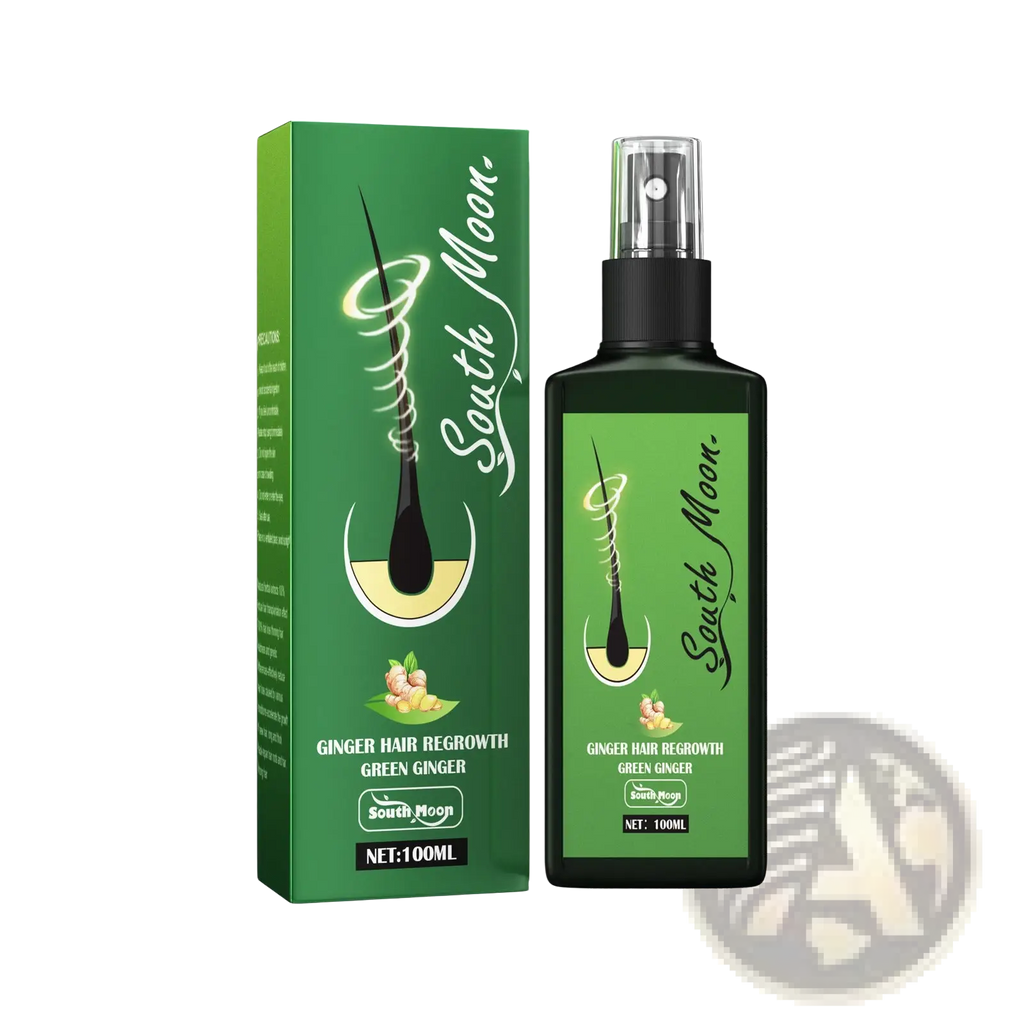 South moon ginger hair growth and strengthening spray in sleek black bottle with clear nozzle and matching green box