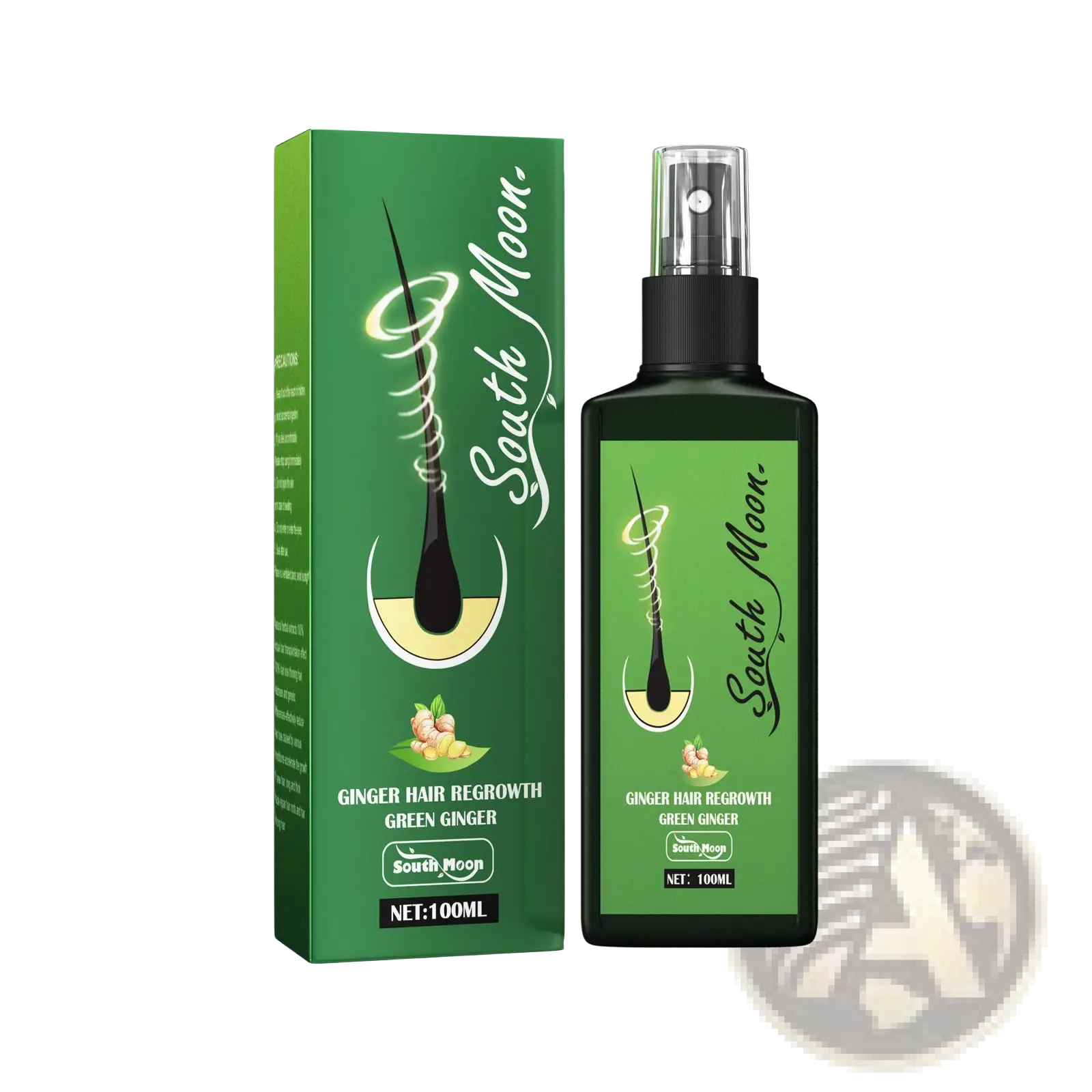 South moon ginger hair growth and strengthening spray in sleek black bottle with clear nozzle and matching green box