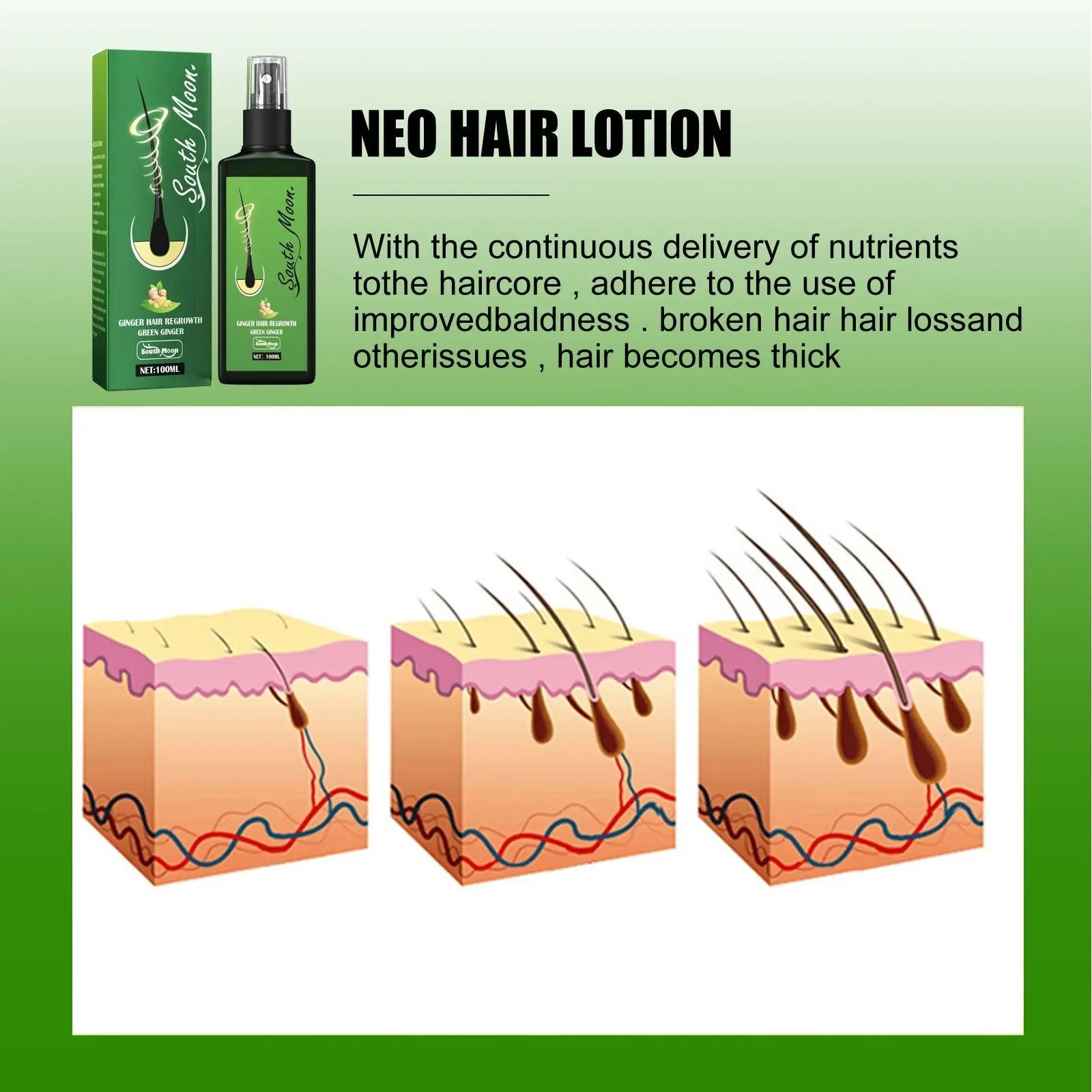 Green glass bottle of south moon ginger hair growth and strengthening spray with black nozzle and white label