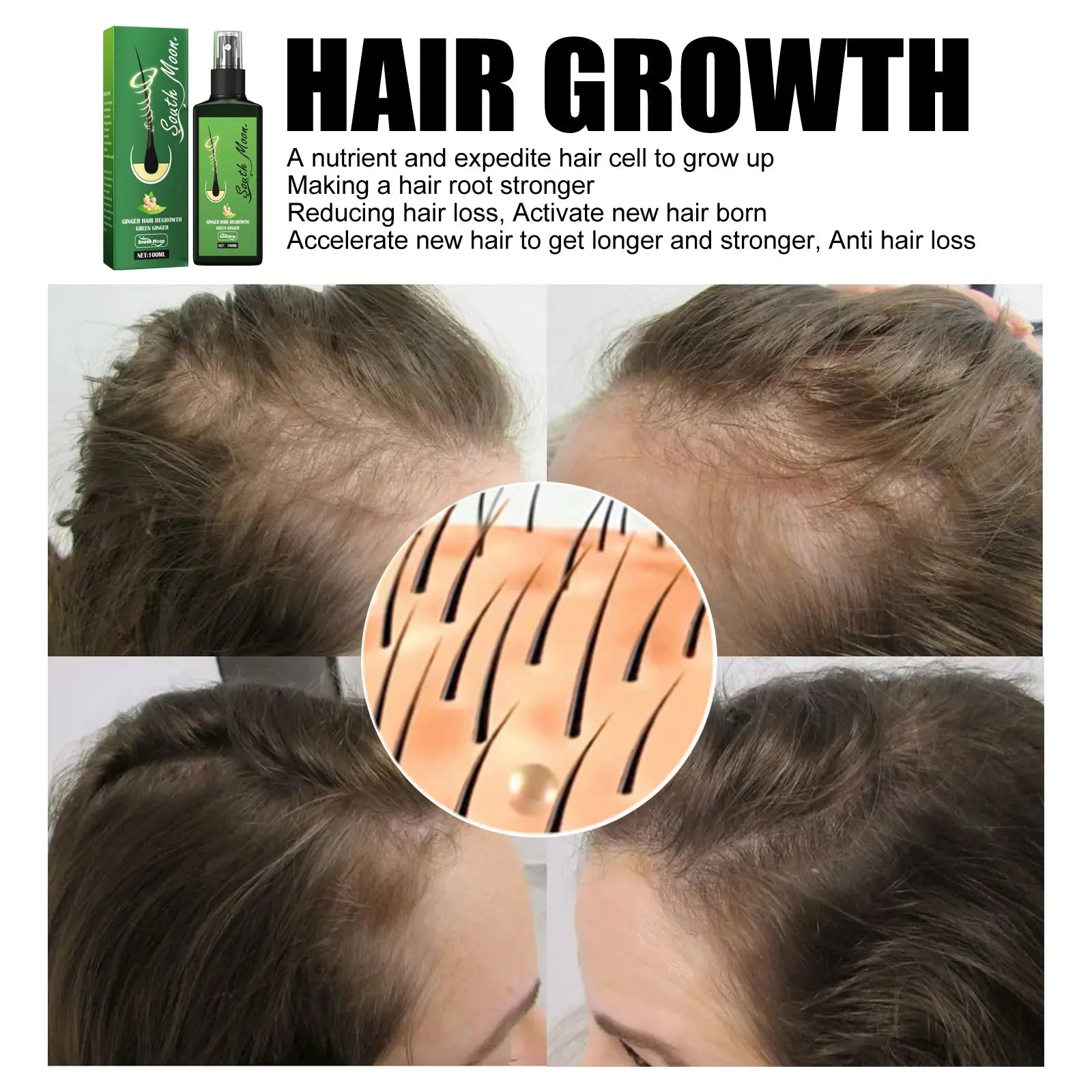Green bottle of Sacha Moon South Moon ginger hair growth and strengthening spray with black cap and moon design label