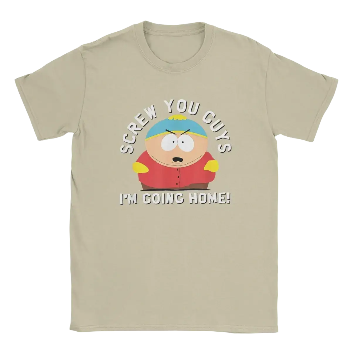 Beige cotton short-sleeved t-shirt featuring a cartoon graphic of Eric Cartman and screw you guys Im going home text