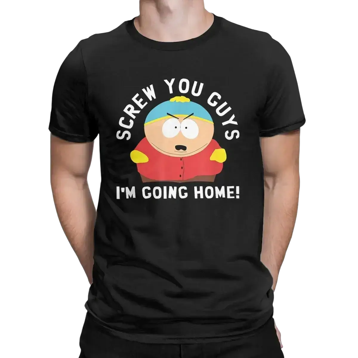 Black cotton south park cartman t-shirt for men featuring cartoon graphic and screw you guys im going home text in white