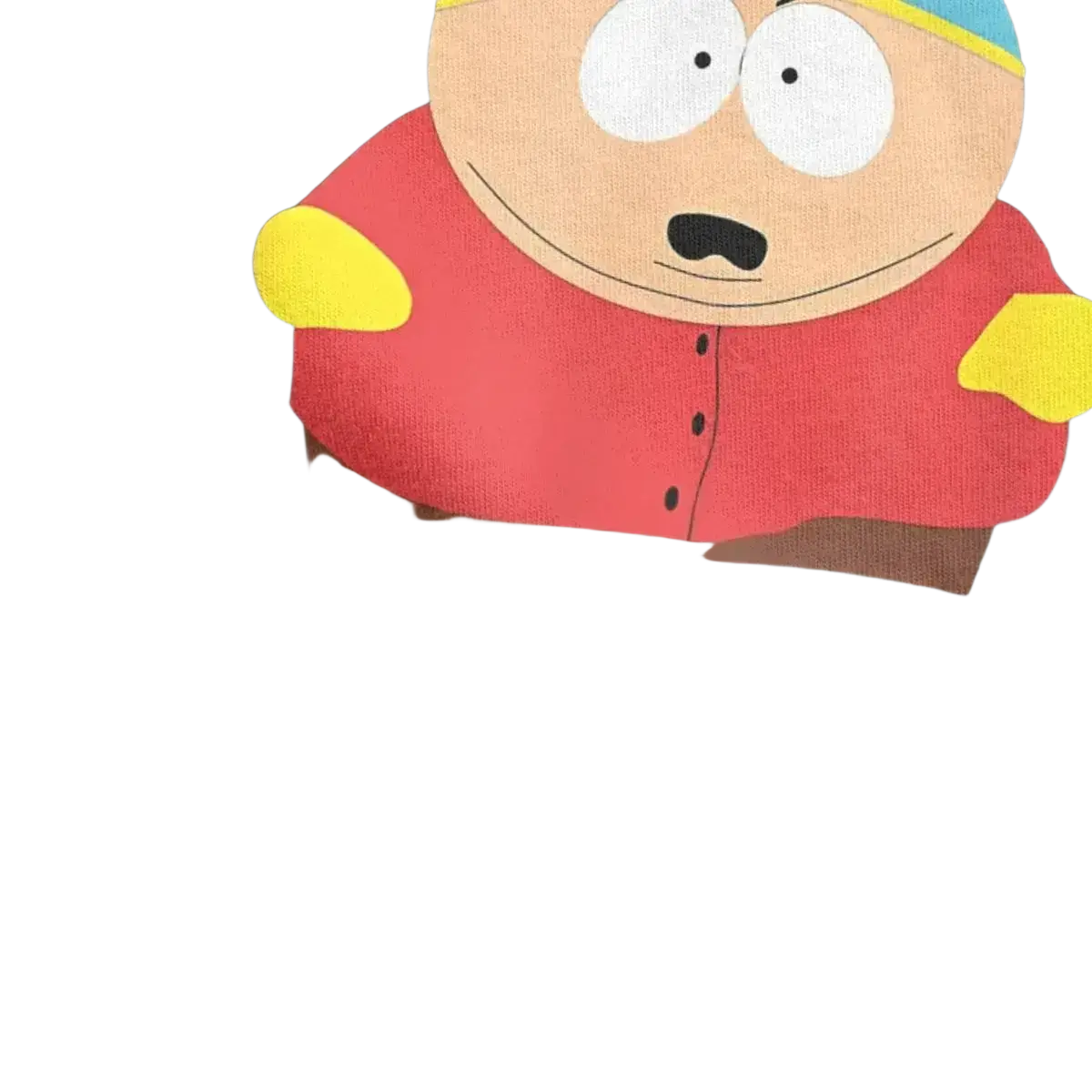 Black cotton south park cartman t-shirt featuring cartoon character in red shirt with yellow cuffs and blue hat
