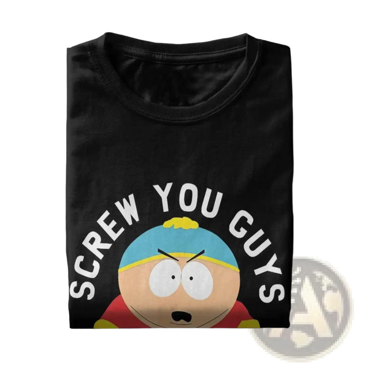 Black cotton South Park Cartman t-shirt for men featuring a cartoon graphic and screw you guys text on front