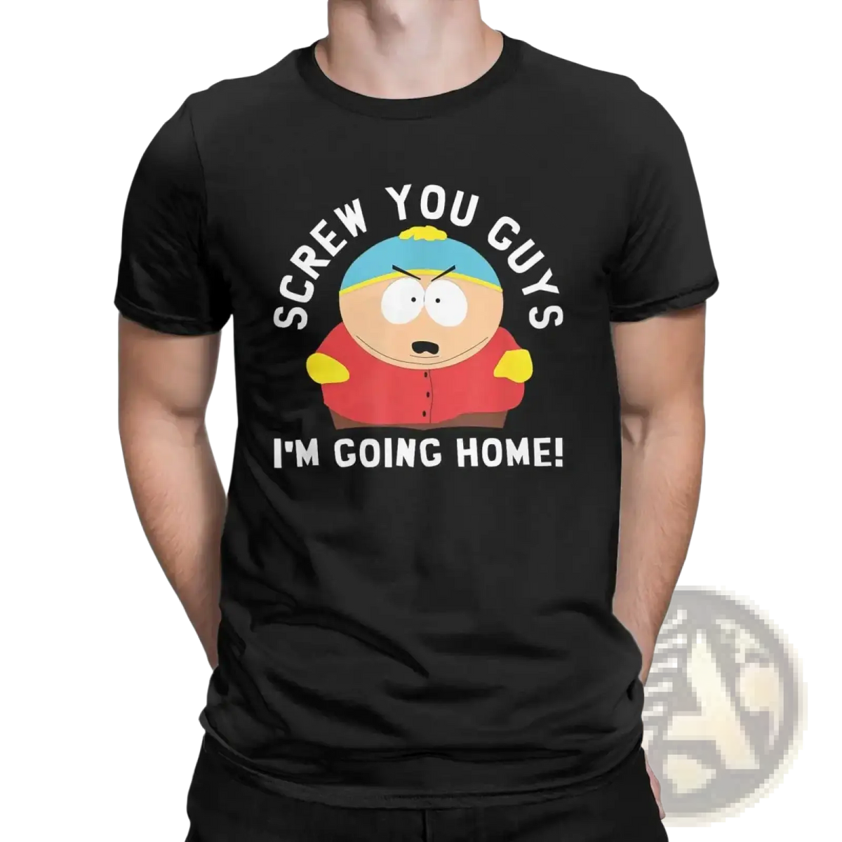 Black cotton south park cartman t-shirt for men featuring a cartoon graphic and screw you guys im going home text