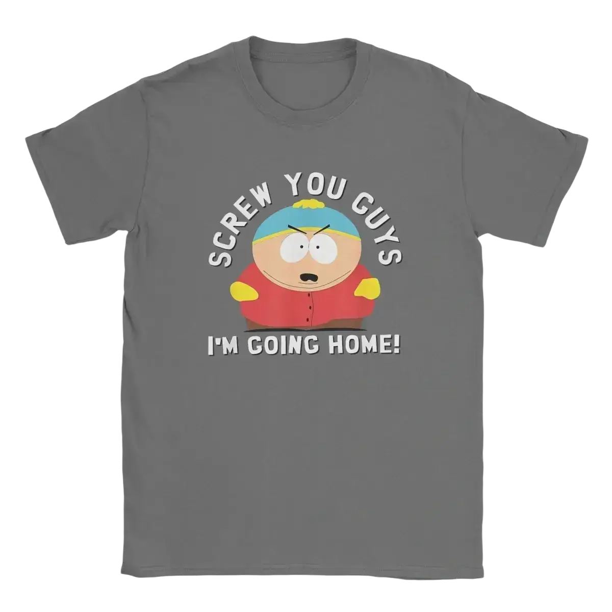 Gray short-sleeved cotton t-shirt featuring south park cartman graphic and screw you guys im going home text