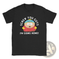 Black cotton short-sleeved t-shirt for men featuring a cartoon graphic of eric cartman and white screw you guys im going home text