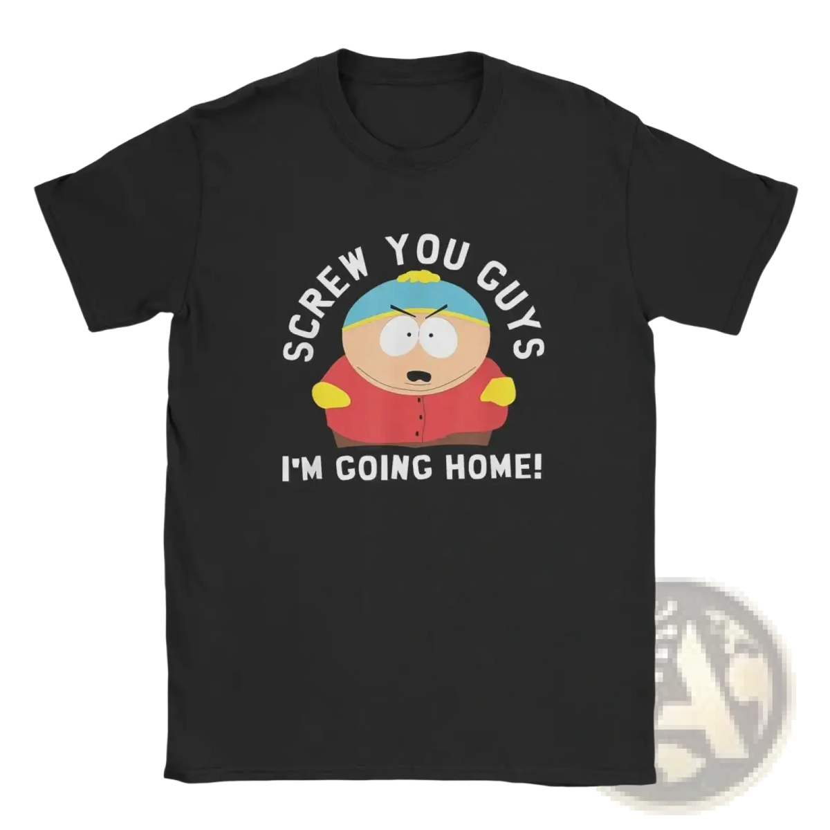 Black cotton short-sleeved t-shirt for men featuring a cartoon graphic of eric cartman and white screw you guys im going home text