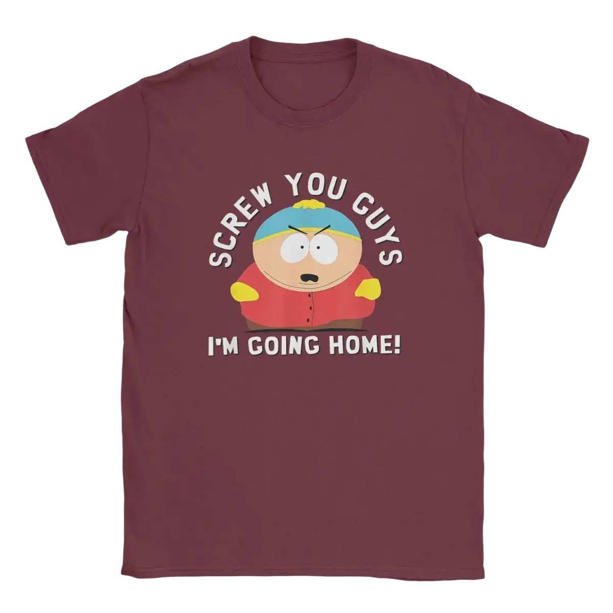 Maroon short sleeve cotton t-shirt featuring Eric Cartman cartoon and screw you guys im going home text from South Park