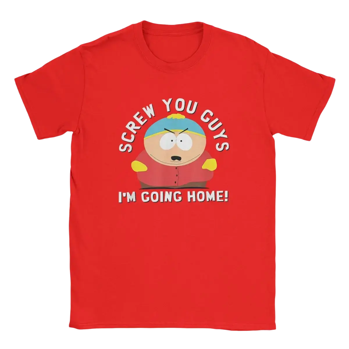 Red cotton t-shirt featuring a cartoon graphic of Eric Cartman from South Park with screw you guys im going home text