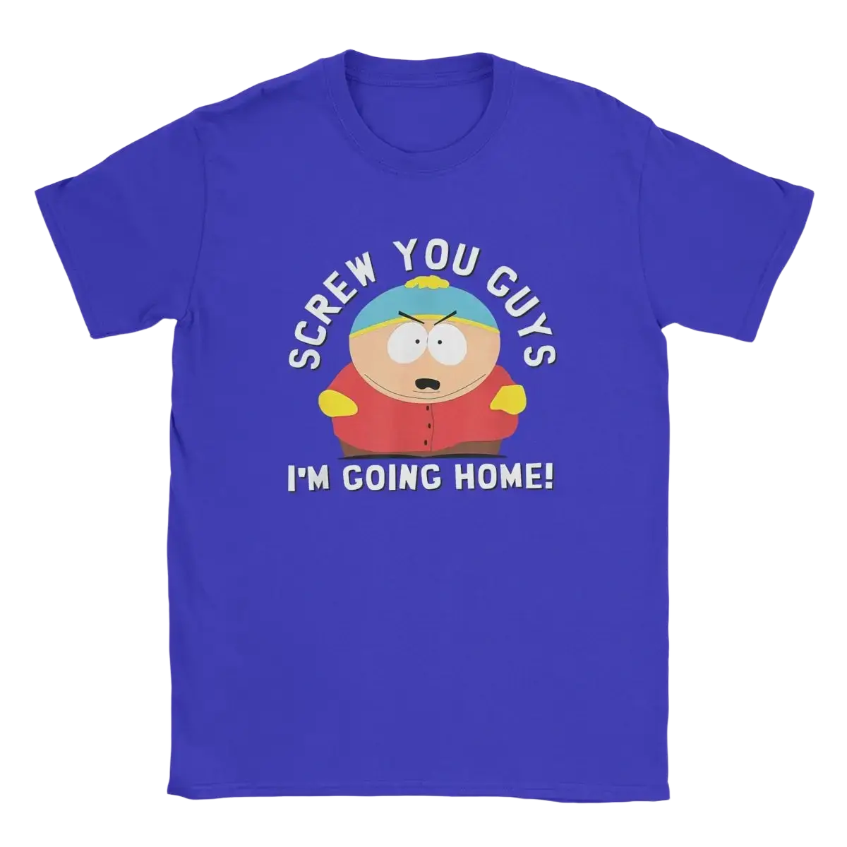 Royal blue cotton t-shirt featuring a cartoon graphic of South Park’s Eric Cartman with a white slogan print