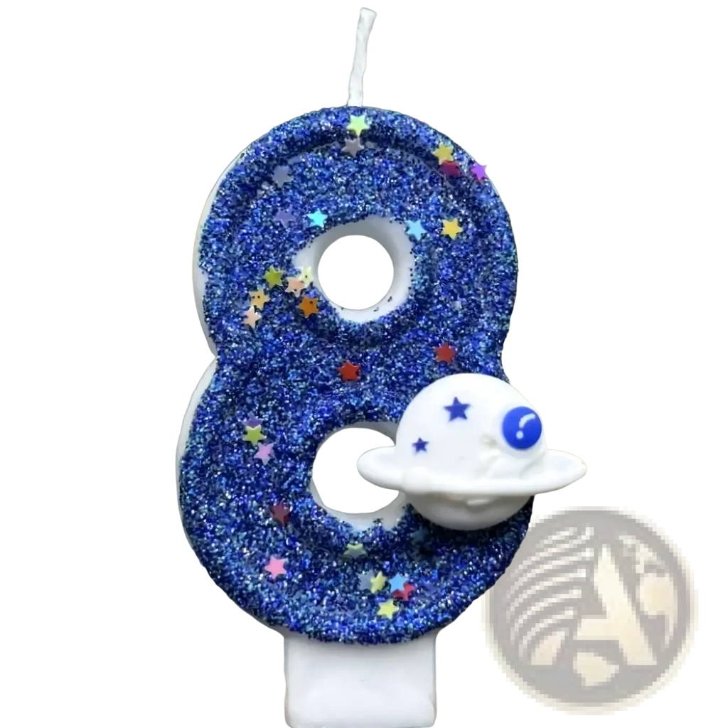 A blue glittery number eight birthday candle with colorful star sprinkles and a white spaceship charm for planetary party